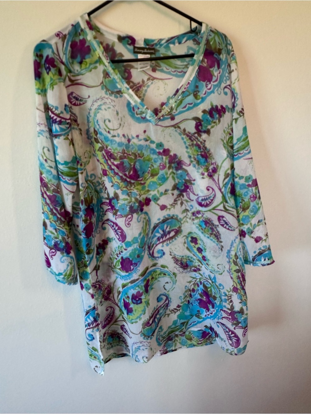 Tommy Bahama White Paisley V-Neck Tunic with Teal & Purple Accents